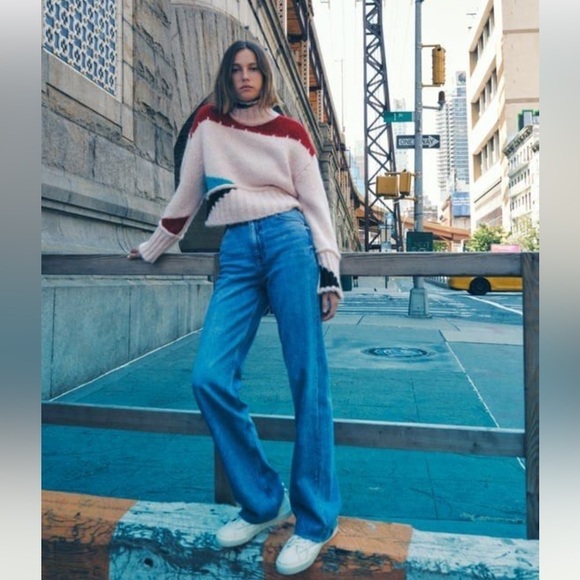 ZARA COLOR BLOCK WOOL BLEND KNIT SWEATER PINK - Picture 1 of 8